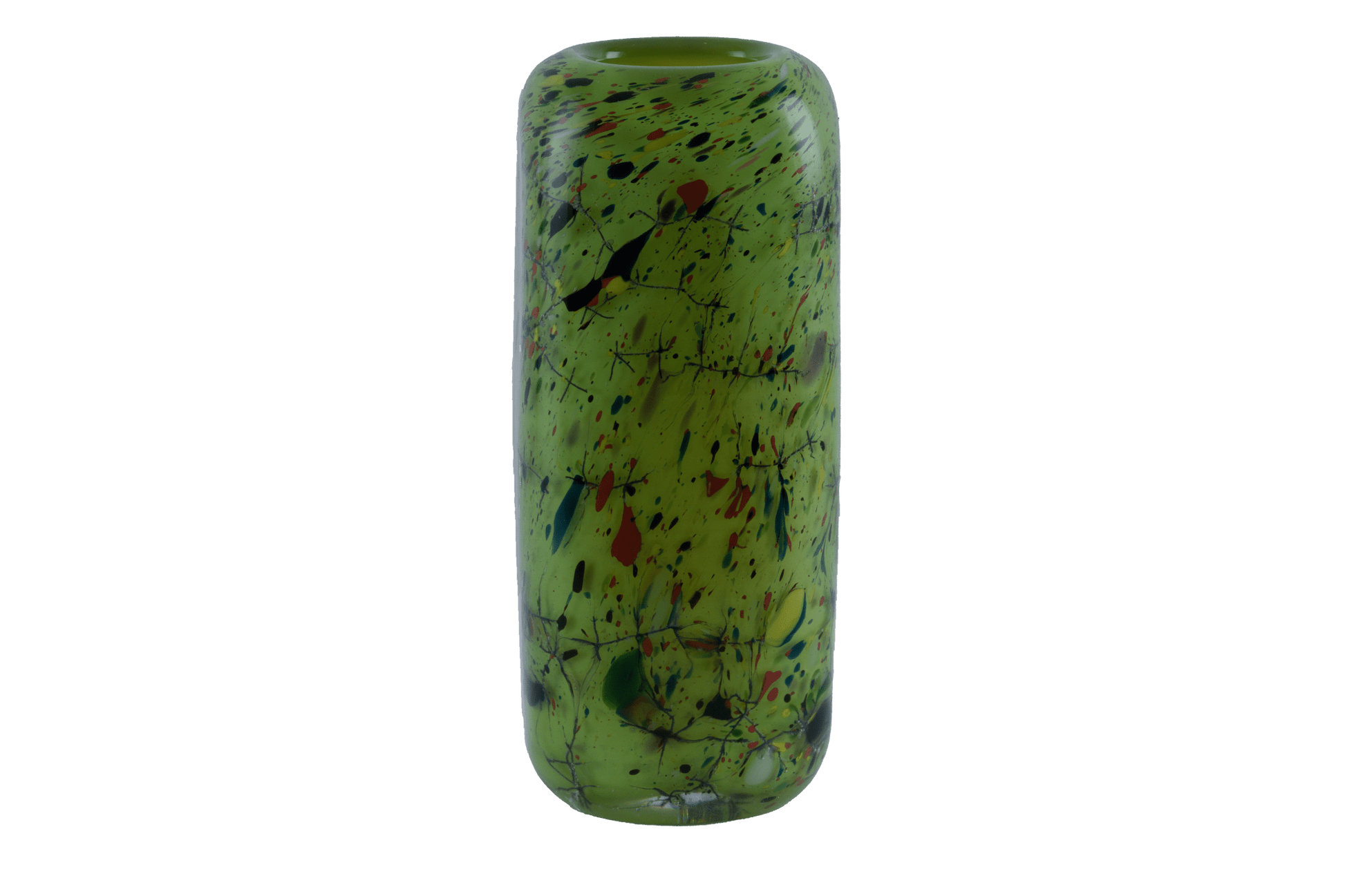 Rectangular vibrant green glass vase with rounded edges, thick walls, and abstract multicolor splatter design.