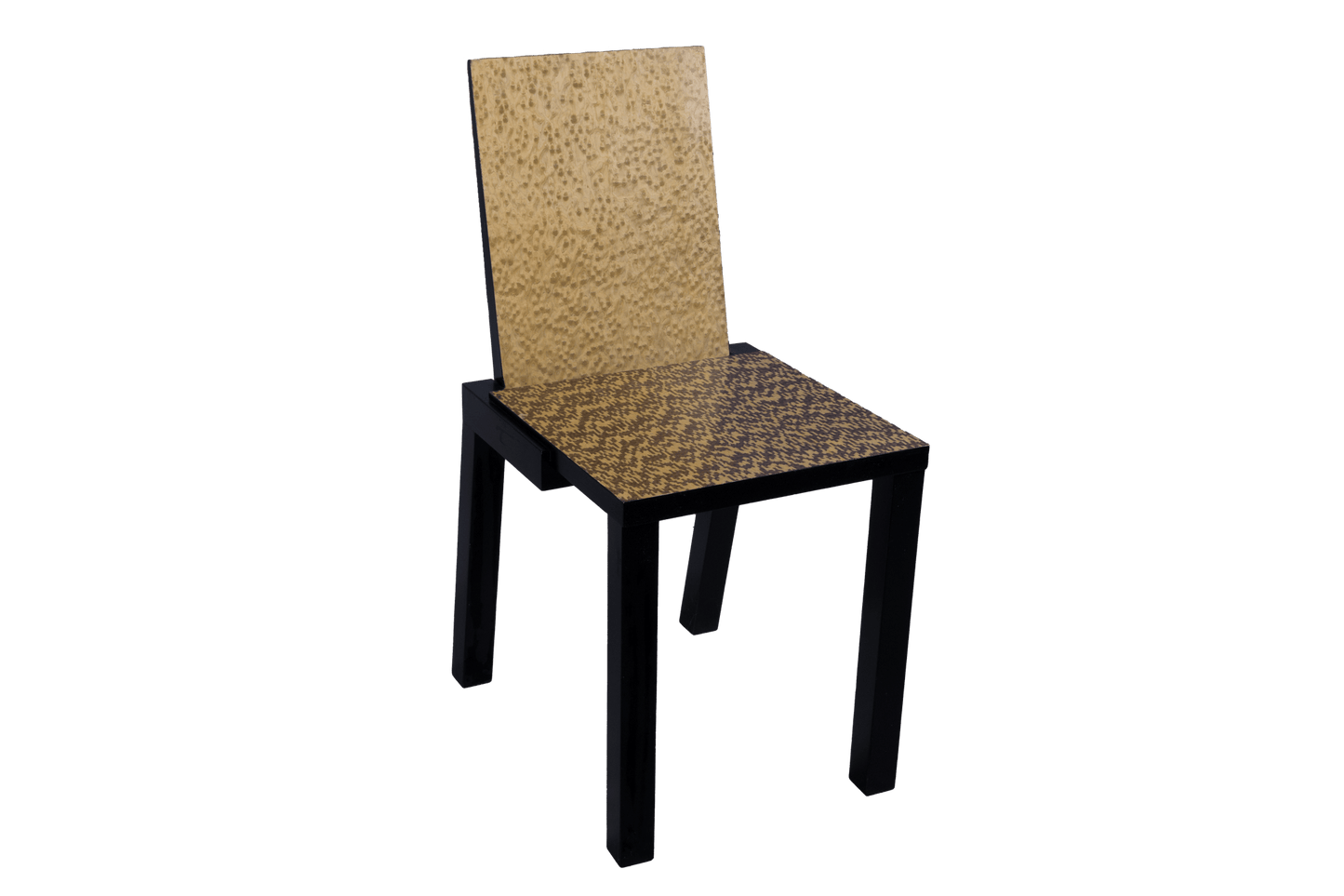 Constantin Boym chair with birdseye veneer backrest and black enamel legs, showcasing 1980s modern design.