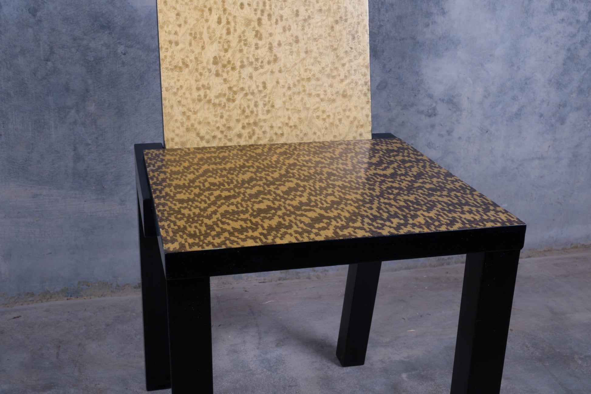 Constantin Boym chair with birdseye veneer backrest and black and ivory enamel seat on black legs