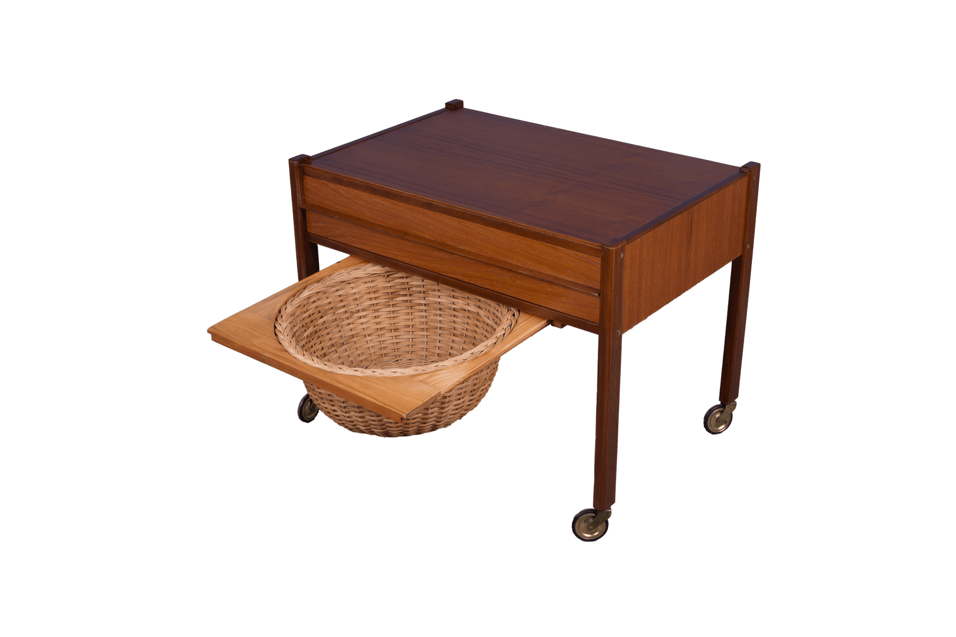 Rolling Danish teak sewing side table with pull-out drawer and slide-out circular caned wicker basket on casters
