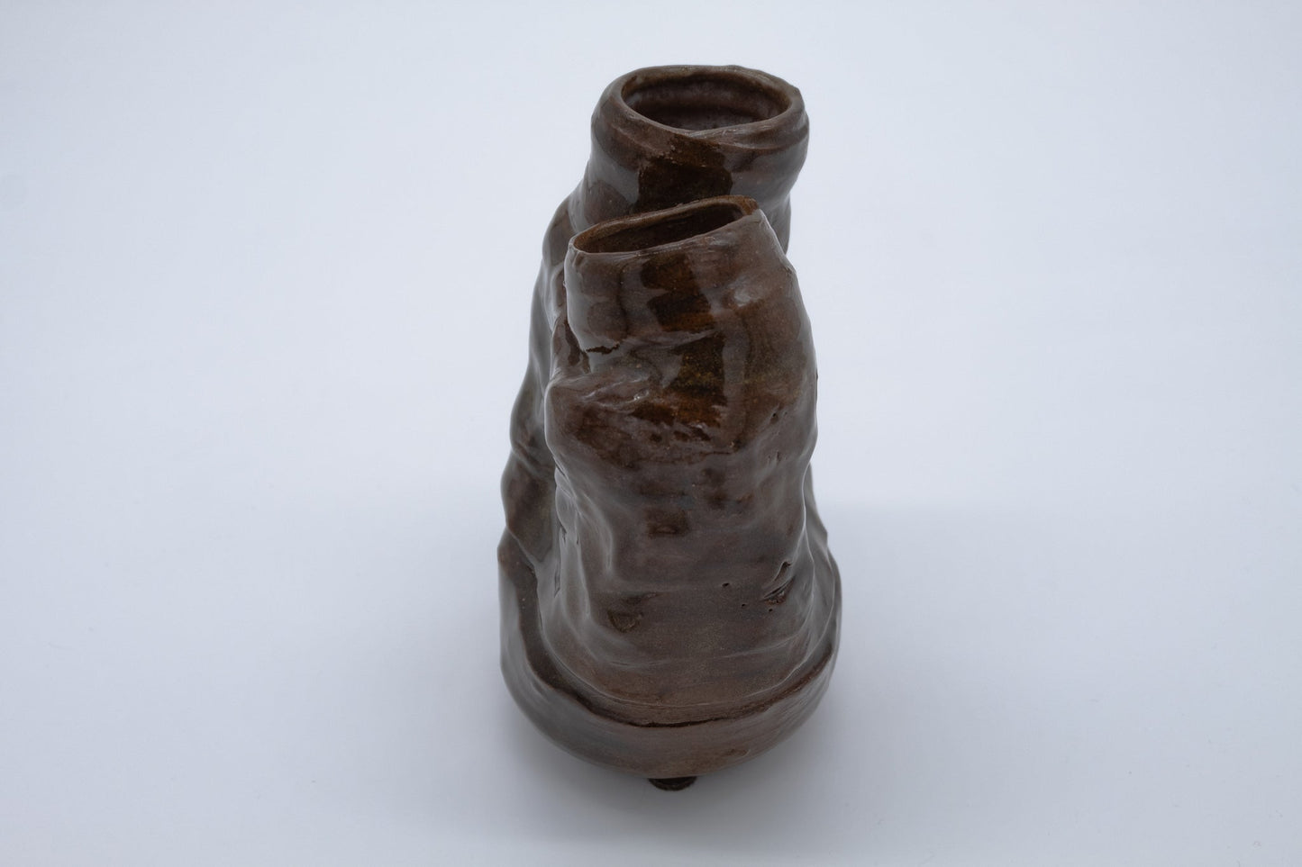 Studio art ceramic dual neck vase with glossy brown glaze and organic sculptural form resembling natural coral or arteries.
