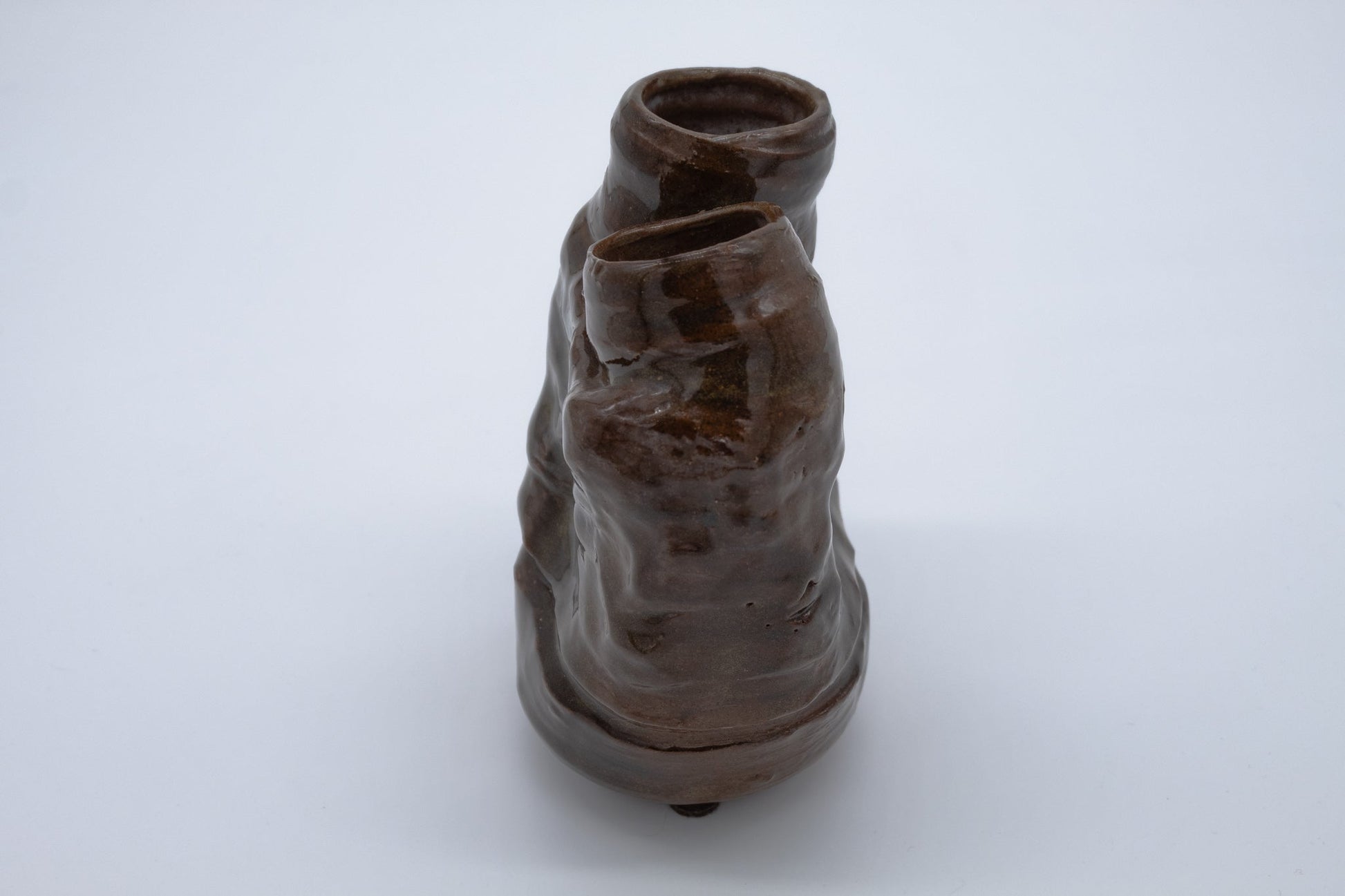 Studio art ceramic dual neck vase with glossy brown glaze and organic sculptural form resembling natural coral or arteries.