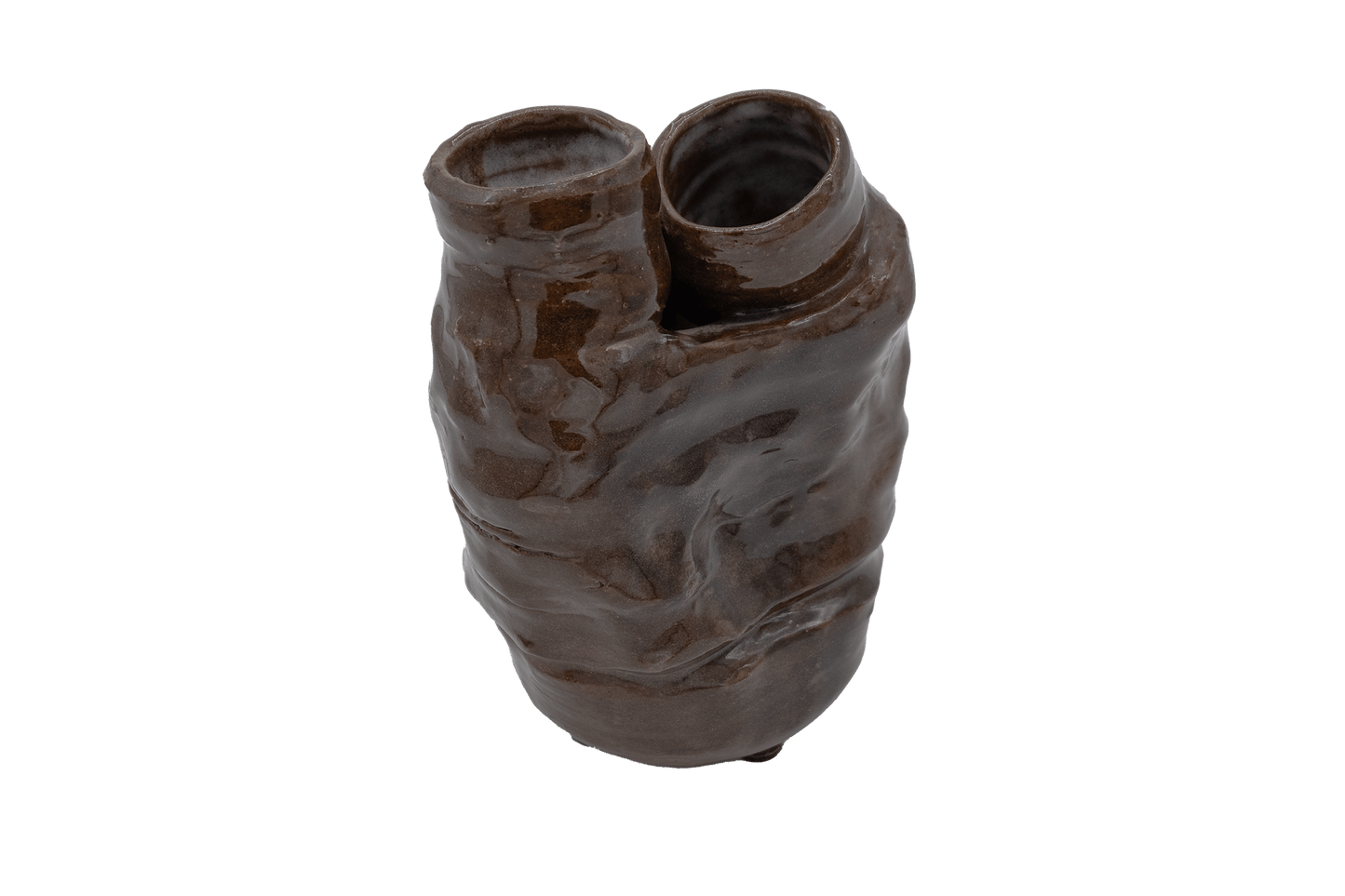 Studio ceramic dual neck pottery vase with glossy brown glaze and organic coral-like sculptural form, signed on the bottom.