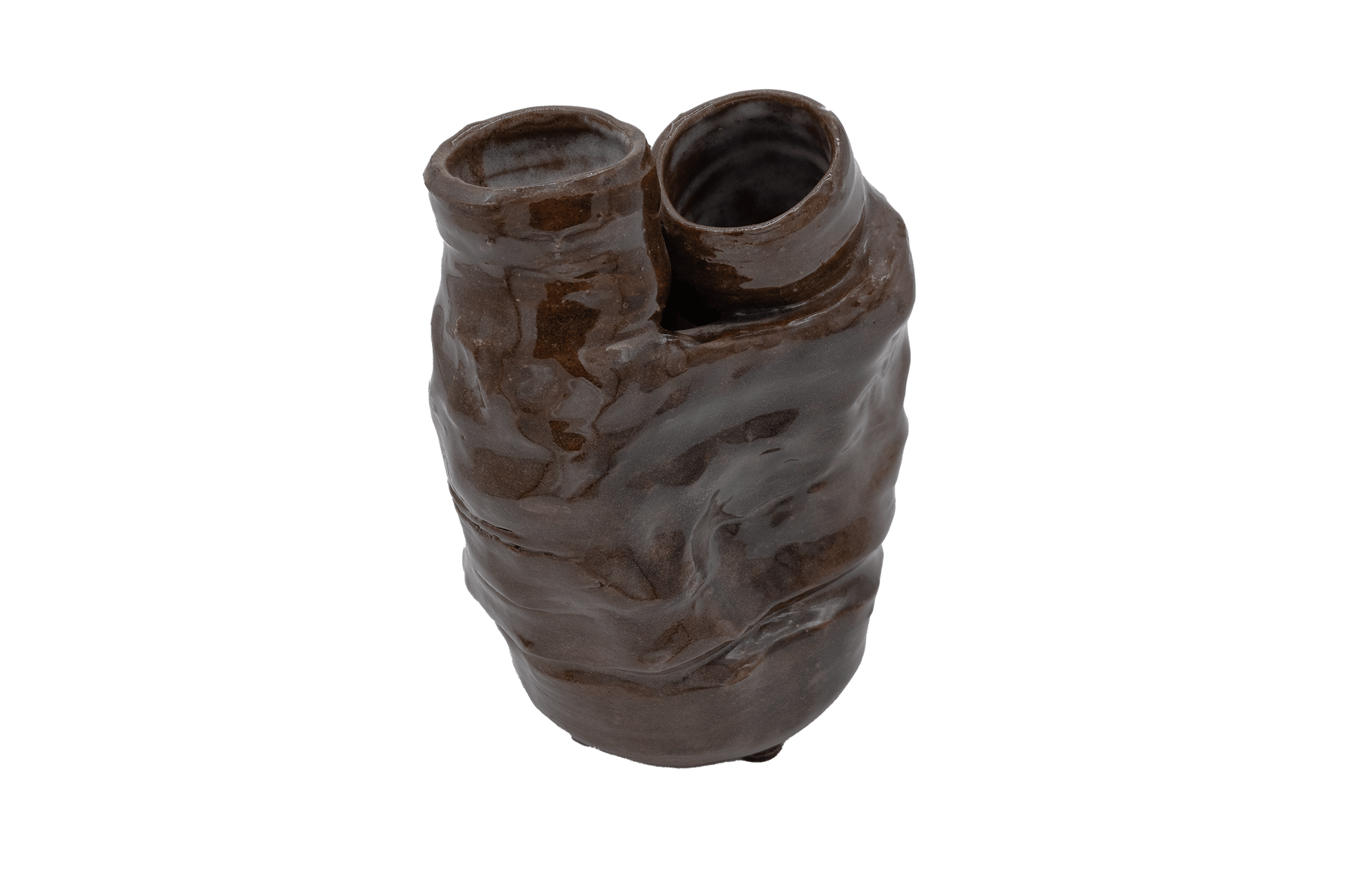Studio ceramic dual neck pottery vase with glossy brown glaze and organic coral-like sculptural form, signed on the bottom.