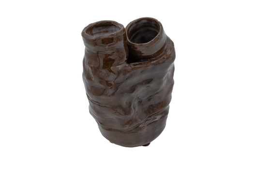 Studio ceramic dual neck pottery vase with glossy brown glaze and organic coral-like sculptural form, signed on the bottom.