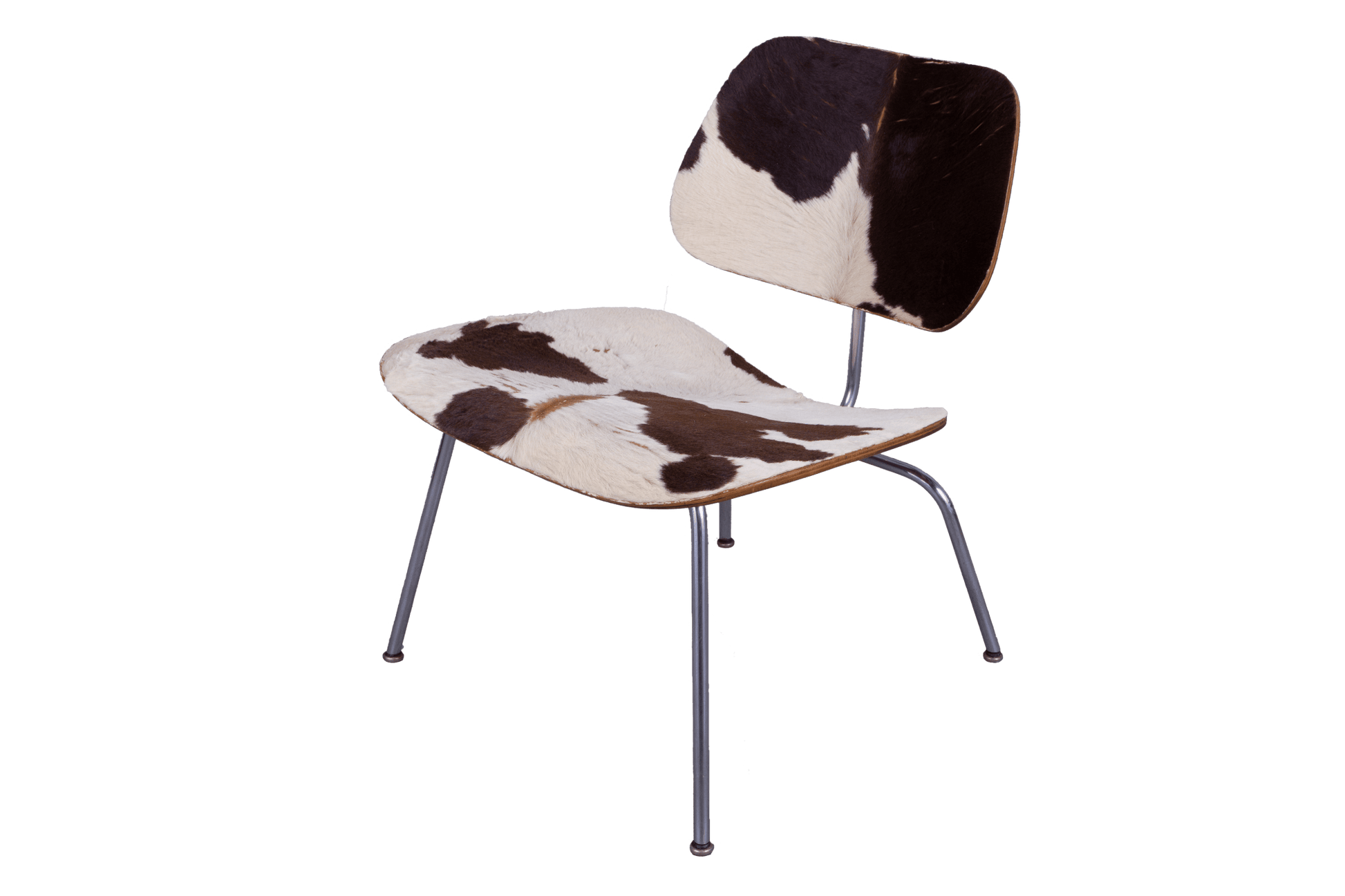 Charles Eames Cowhide Lounge Chair with molded plywood seat and back on metal legs, mid-century modern design.