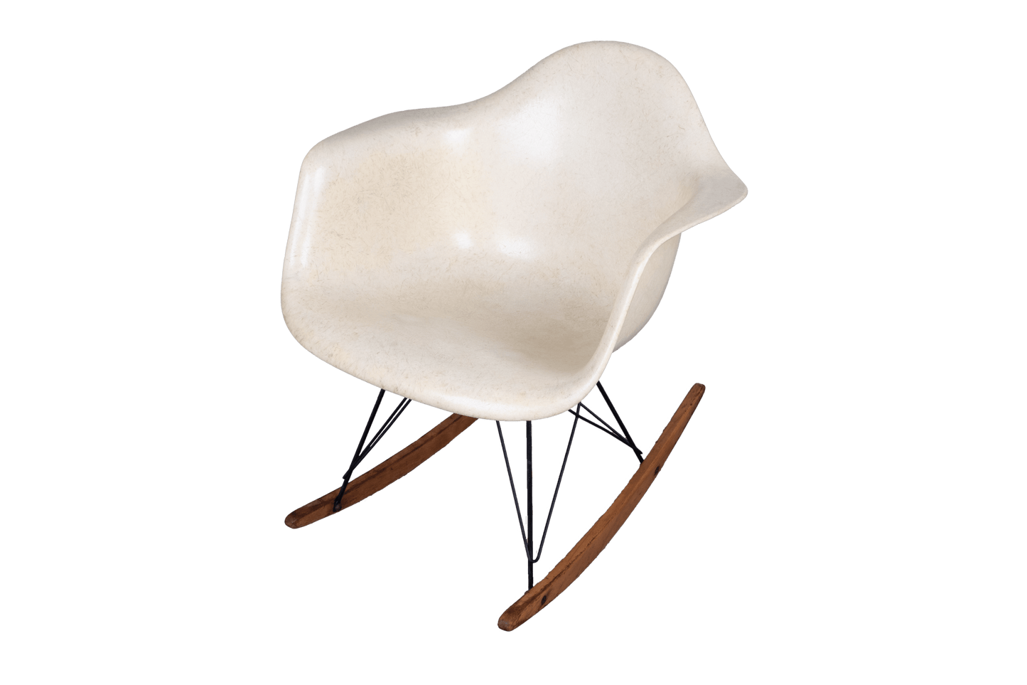 Rare 1950s Eames Rope-Edge fiberglass rocker chair with original wood rocker base and early Herman Miller label visible