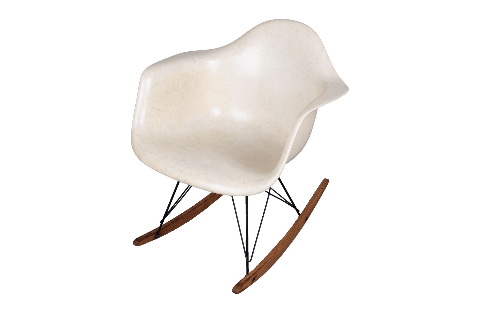 Rare 1950s Eames Rope-Edge fiberglass rocker chair with original wood rocker base and early Herman Miller label visible