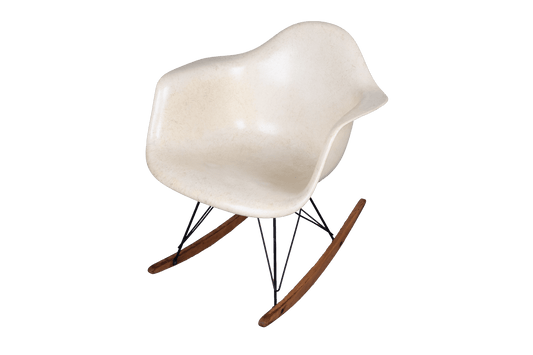 Rare 1950s Eames Rope-Edge fiberglass rocker chair with original wood rocker base and early Herman Miller label visible