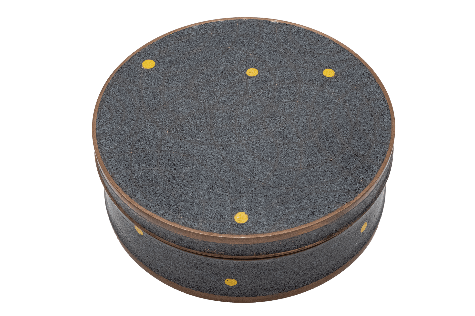 Round Fabienne Jouvin copper canister with black and gray speckled background and bronze spherical pattern with yellow dots
