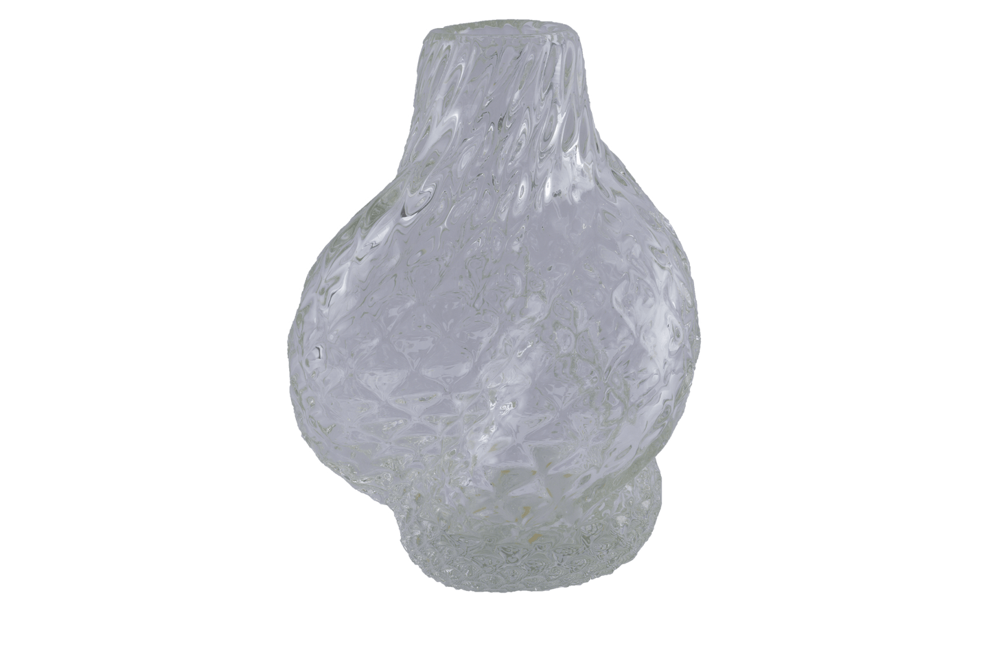 Asymmetrical spiral glass vase by Flavio Poli with textured surface and organic form on white background.