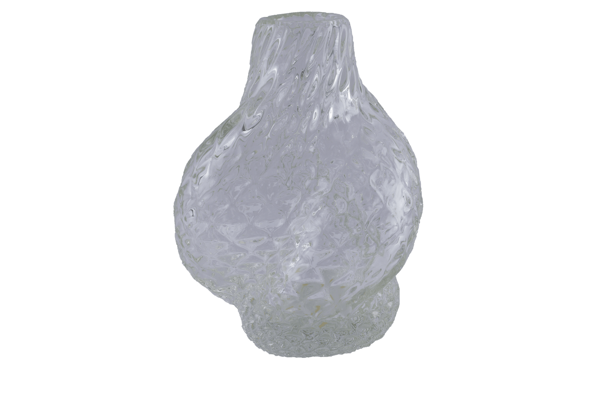 Asymmetrical spiral glass vase by Flavio Poli with textured surface and organic form on white background.