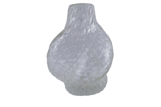Asymmetrical spiral glass vase by Flavio Poli with textured surface and organic form on white background.