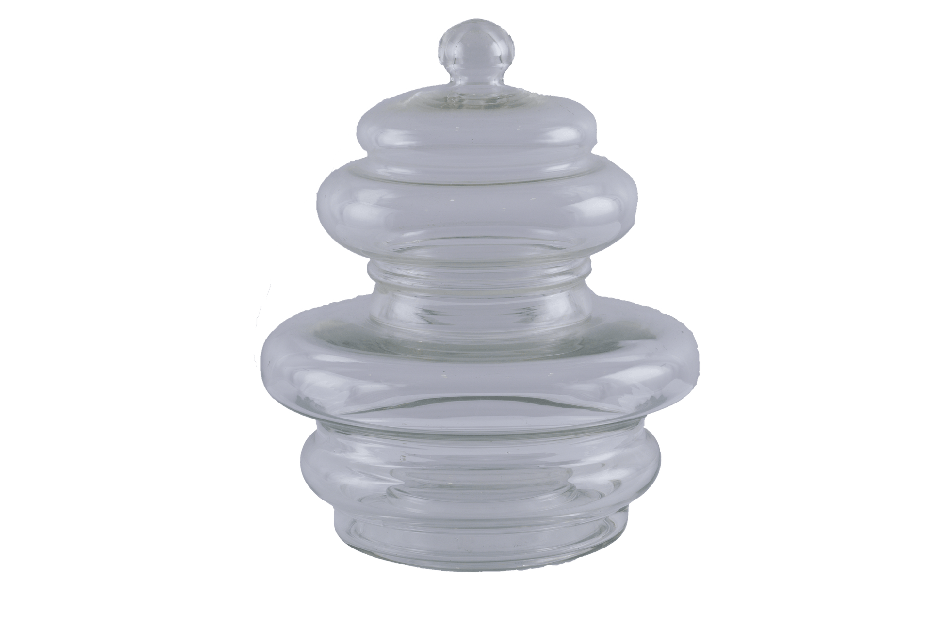 Large clear glass jar vessel with rounded tapered body and removable lid featuring a spherical handle.