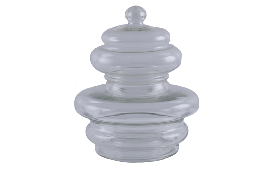 Large clear glass jar vessel with rounded tapered body and removable lid featuring a spherical handle.