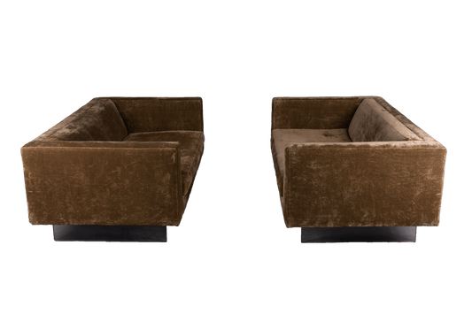 Pair of vintage 1960s Harvey Probber settees with brown crushed velvet upholstery and lucite panel legs