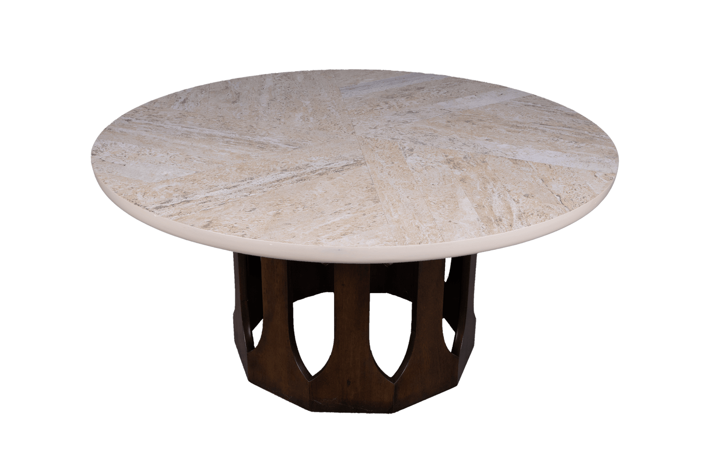 1960s circular travertine top coffee table with inlaid spiral pattern and carved mahogany arcade base