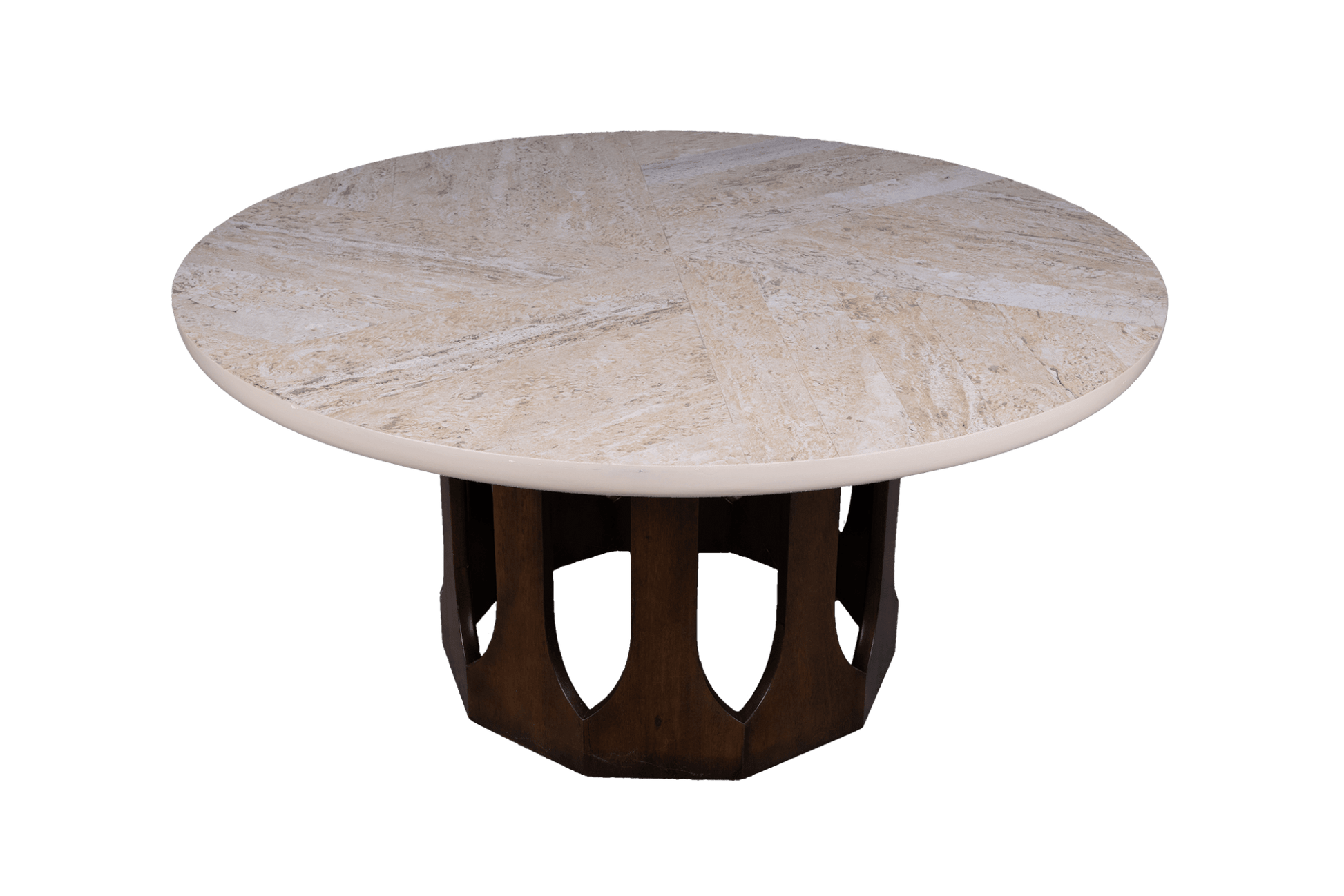 1960s circular travertine top coffee table with inlaid spiral pattern and carved mahogany arcade base