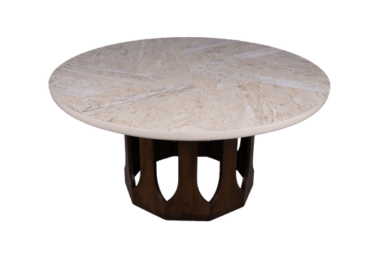 1960s circular travertine top coffee table with inlaid spiral pattern and carved mahogany arcade base