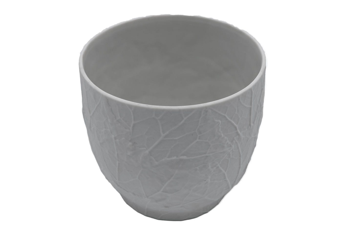 White porcelain Heinrich & Co. bisque vase with raised leaf texture and gently flared oval rim, 1950s German pottery design.