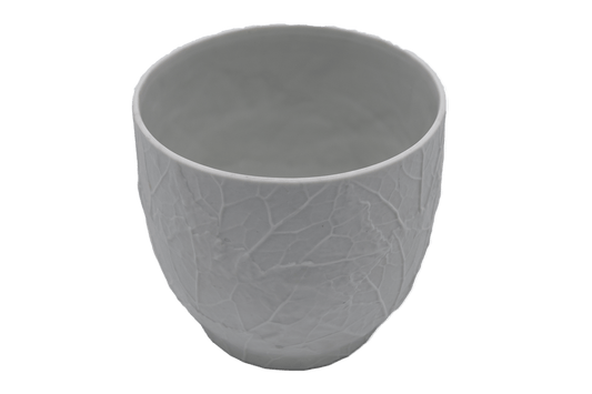 White porcelain Heinrich & Co. bisque vase with raised leaf texture and gently flared oval rim, 1950s German pottery design.