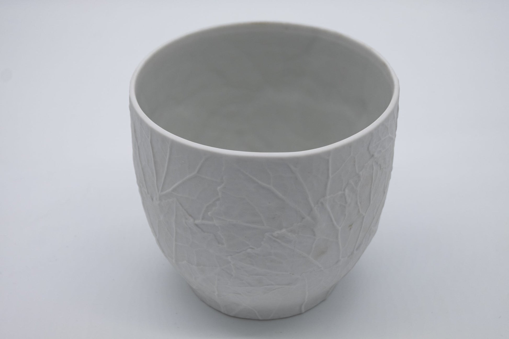 White porcelain Heinrich & Co. vase with raised leaf bisque texture and gently flared oval rim, 1950s German design.