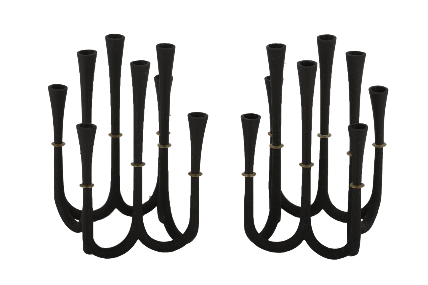 Pair of Jens Quistgaard Danish cast iron candelabra candle-holder set with bronze accents designed for thin candles by Dansk