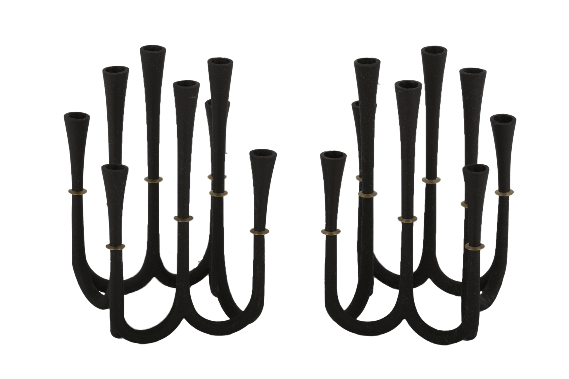 Pair of Jens Quistgaard Danish cast iron candelabra candle-holder set with bronze accents designed for thin candles by Dansk