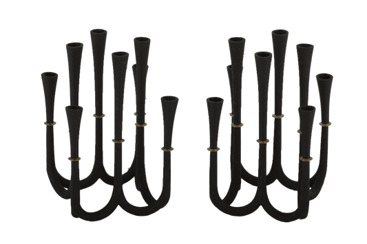 Pair of Jens Quistgaard Danish cast iron candelabra candle-holder set with bronze accents designed for thin candles by Dansk