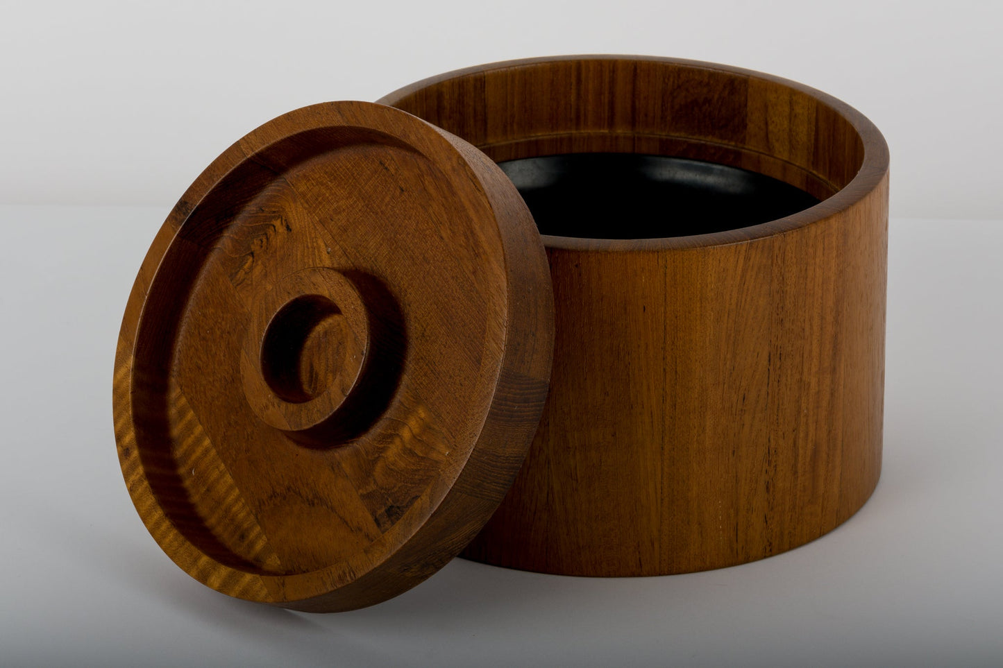 Jens Quistgaard teak ice bucket from 1970s Denmark with a round lid and black plastic liner inside