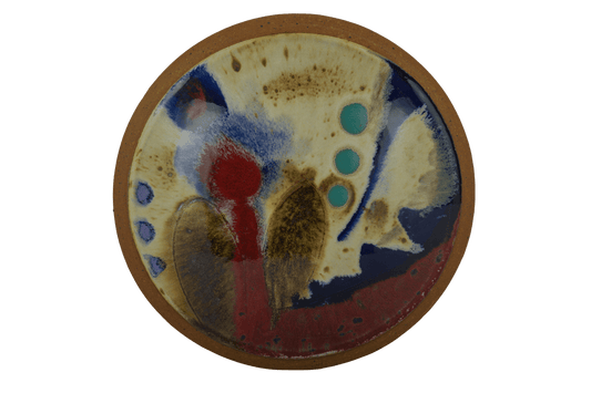 Ken Pick Studio pottery vase from the 1980s with abstract glaze and triple openings on round base