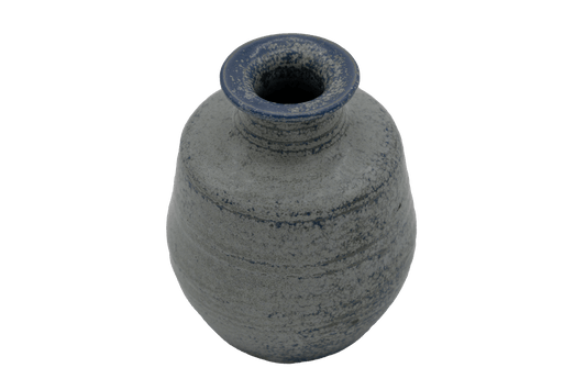 Stoneware vase by EriK Hjorth of L. Hjorth studio with unique blue spotted glaze and Danish design influence.