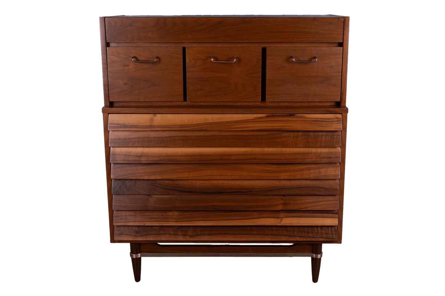 1960s mid-century modern walnut highboy dresser with seven drawers and brass handles by Merton L. Gershun