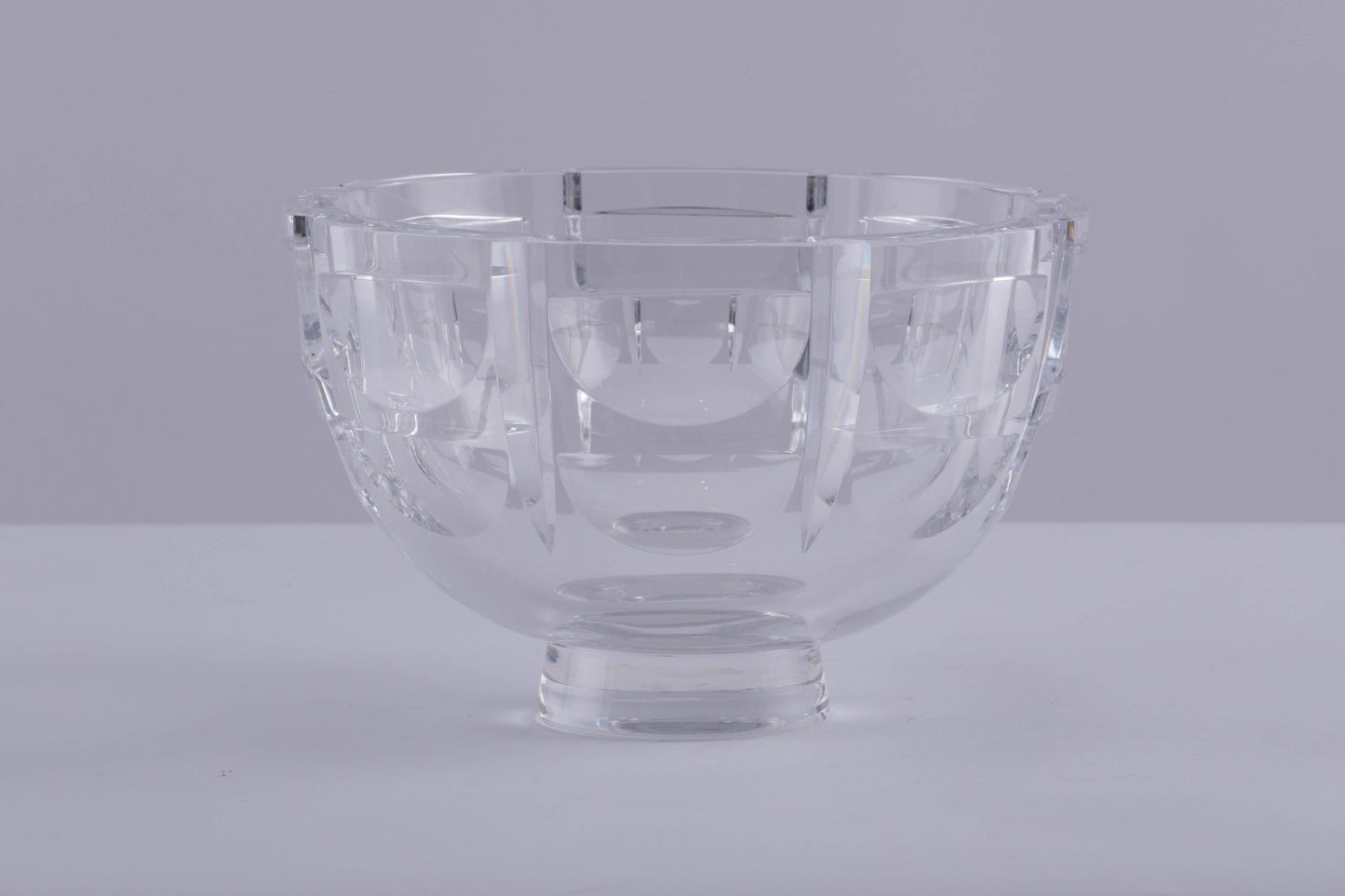 Orrefors "Thousand Windows" cut crystal bowl by Simon Gate with geometric optical illusion pattern on clear glass