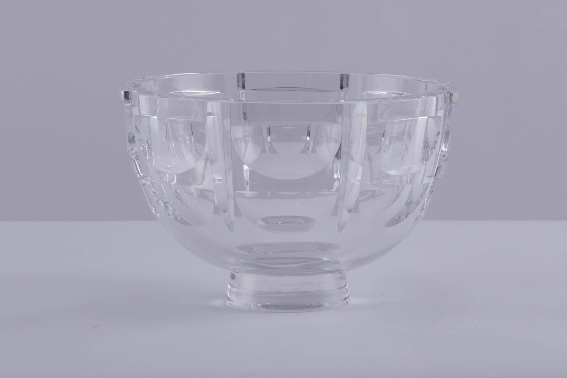 Orrefors "Thousand Windows" cut crystal bowl by Simon Gate with geometric optical illusion pattern on clear glass
