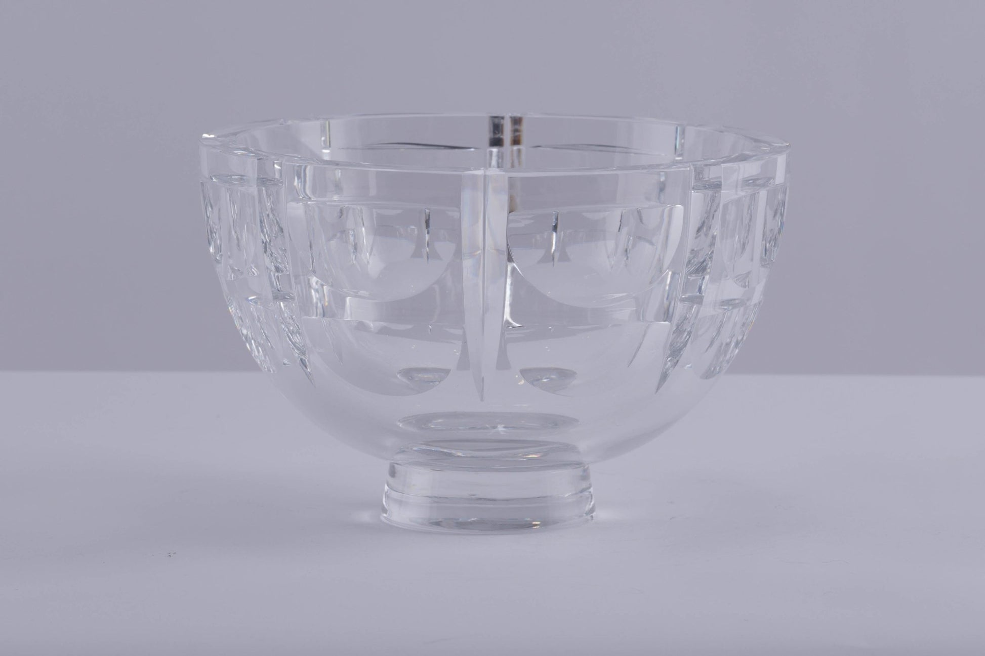 Orrefors cut crystal bowl designed by Simon Gate with Thousand Windows optical illusion pattern in clear crystal