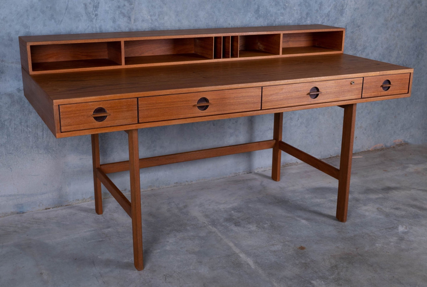 Peter Lovig Nielsen mid-century modern rosewood flip-top desk with multiple drawers and storage compartments.