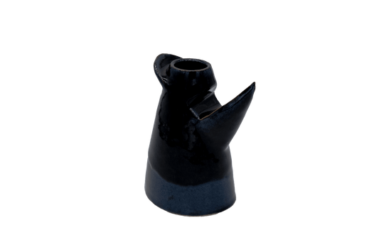 Studio pottery art vase with tapered cylindrical shape and protruding spout-like elements in dark glaze finish.