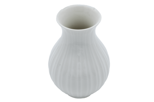 Porcelain Royal Copenhagen bud vase with fluted vertical ridges, designed by Thorkild Olsen using Blanc de Chine technique.