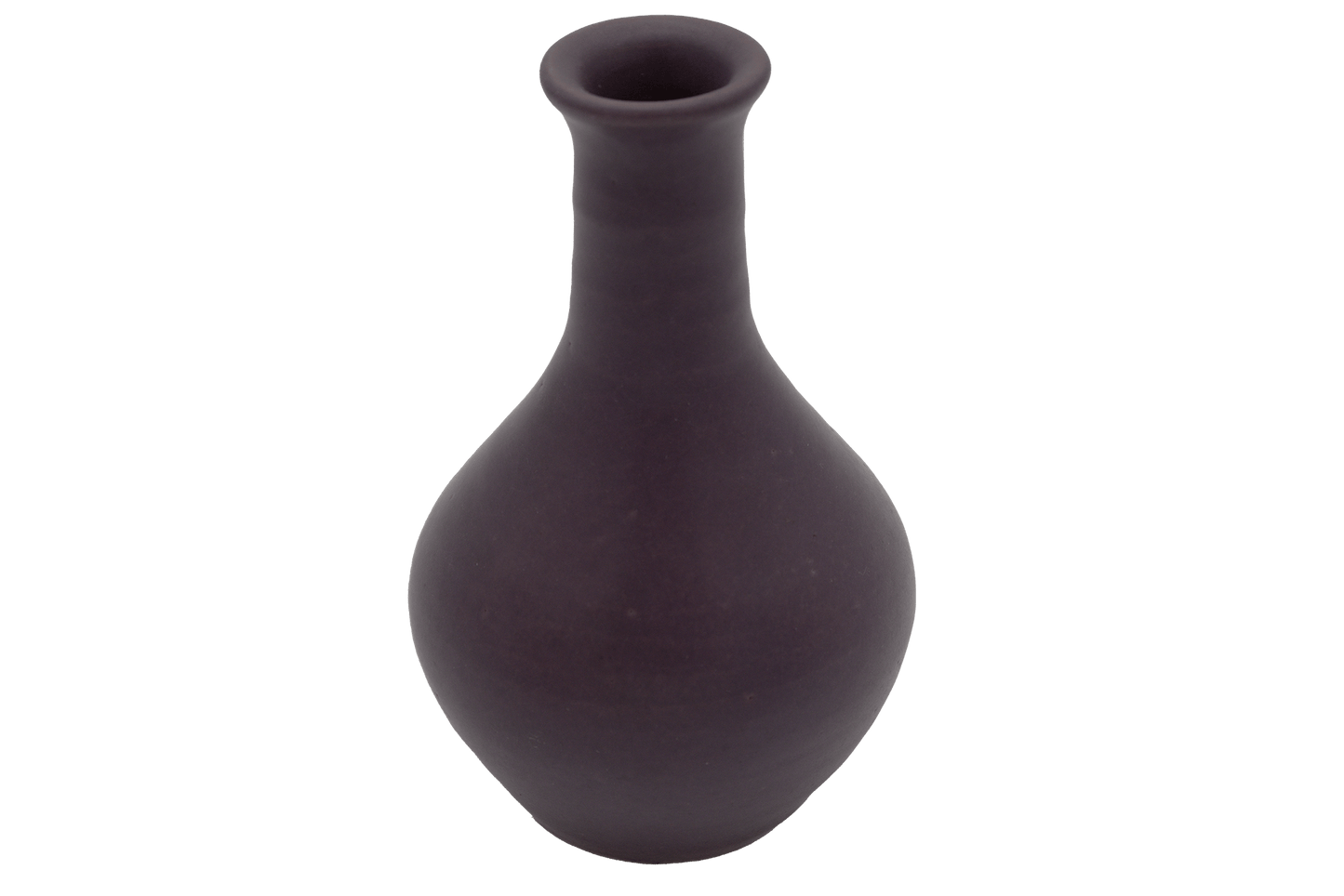Small purple glazed pottery vase with a rounded body and narrow semi-cylindrical neck, marked on the bottom.
