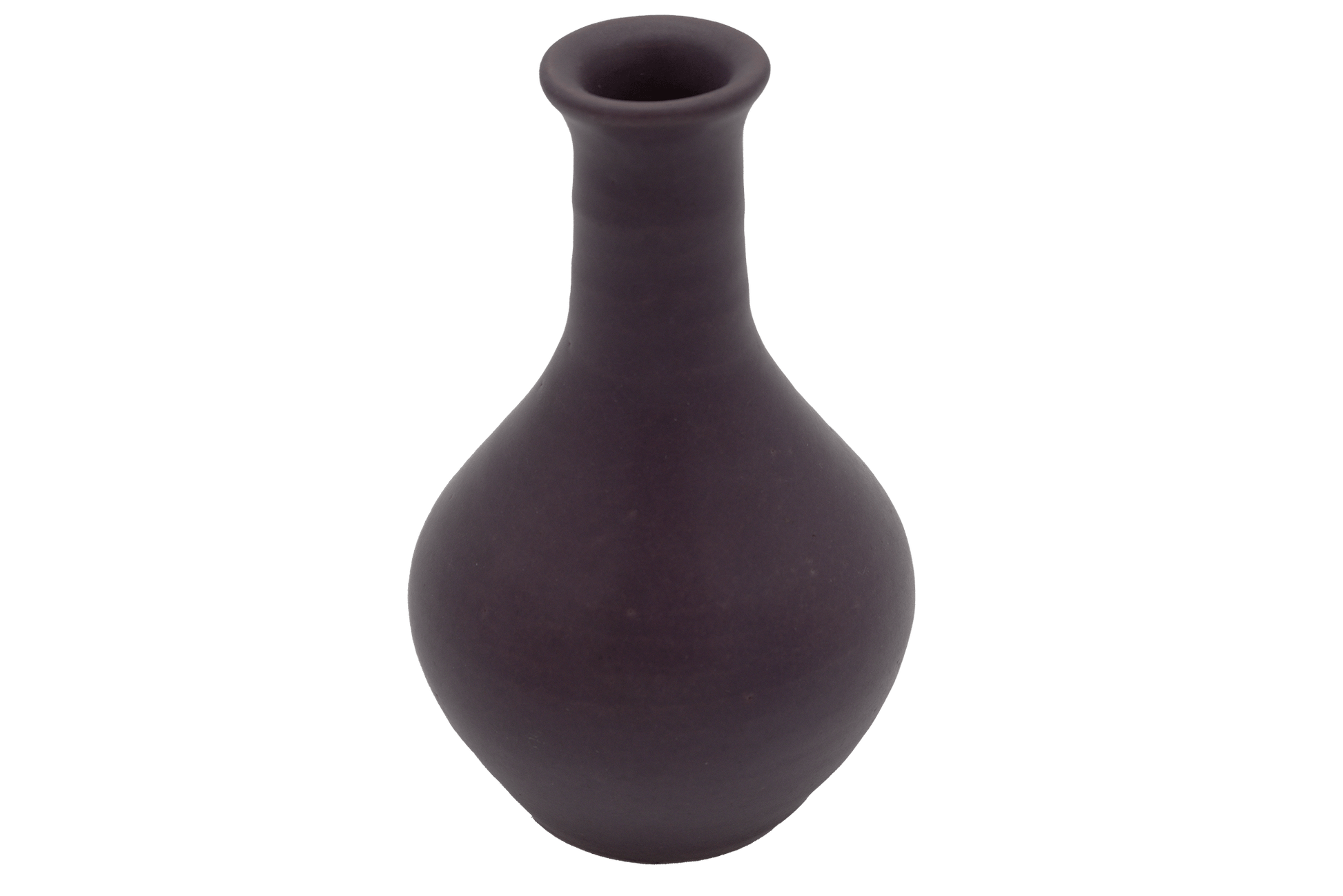 Small purple glazed pottery vase with a rounded body and narrow semi-cylindrical neck, marked on the bottom.