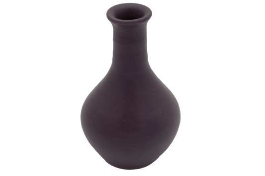 Small purple glazed pottery vase with a rounded body and narrow semi-cylindrical neck, marked on the bottom.