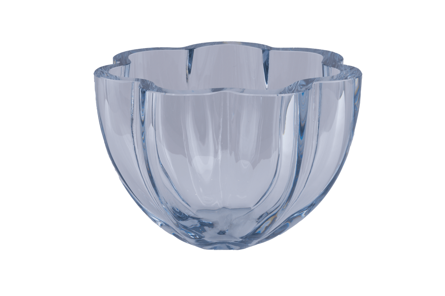 Strombergshyttan Glass Company crystal bowl with thick walls and scalloped rim, hand signed T463 in blue hue.