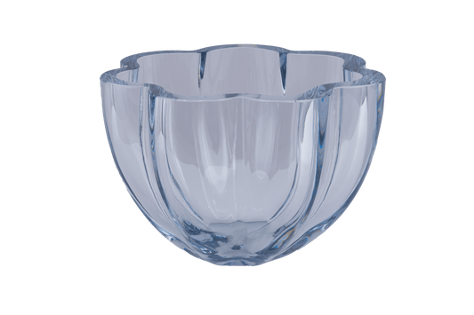 Strombergshyttan Glass Company crystal bowl with thick walls and scalloped rim, hand signed T463 in blue hue.