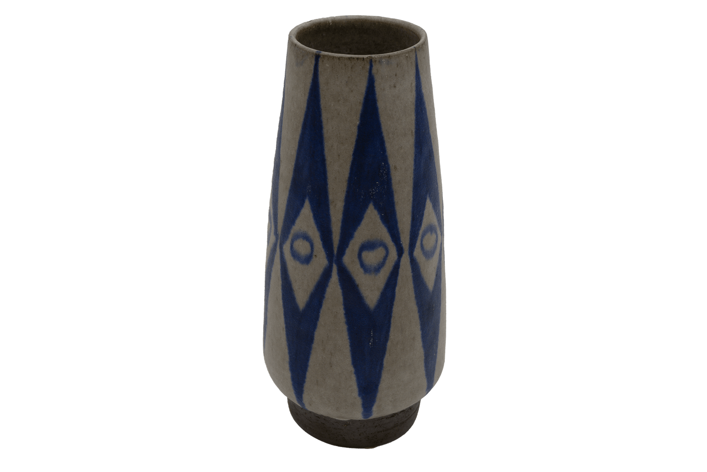 1950s Thomas Toft Danish ceramic vase with tapered body and blue abstract geometric design on stoneware