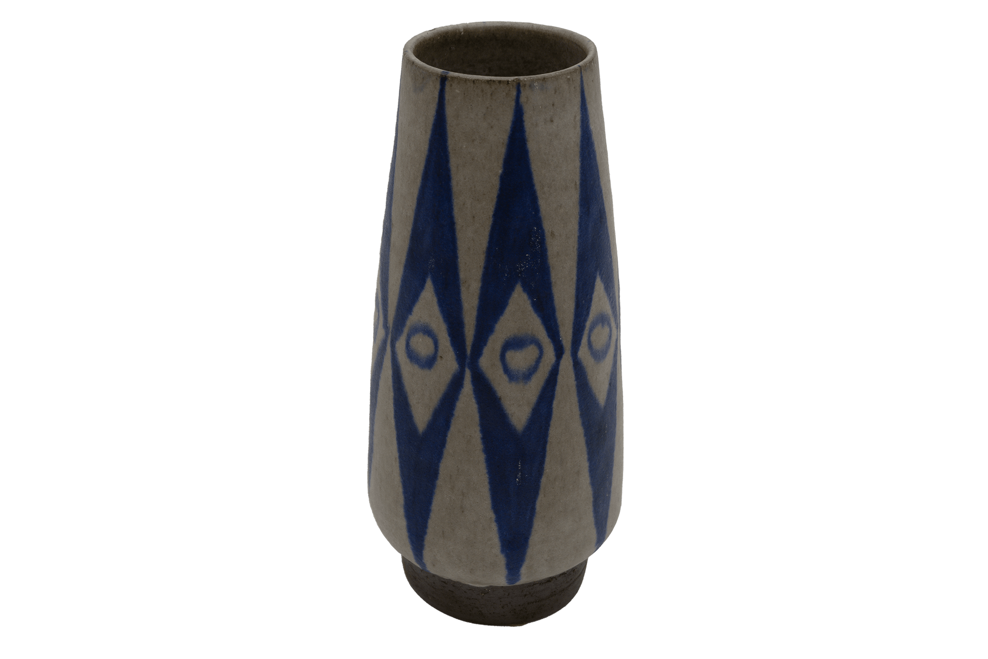 1950s Thomas Toft Danish ceramic vase with tapered body and blue abstract geometric design on stoneware