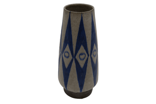 1950s Thomas Toft Danish ceramic vase with tapered body and blue abstract geometric design on stoneware