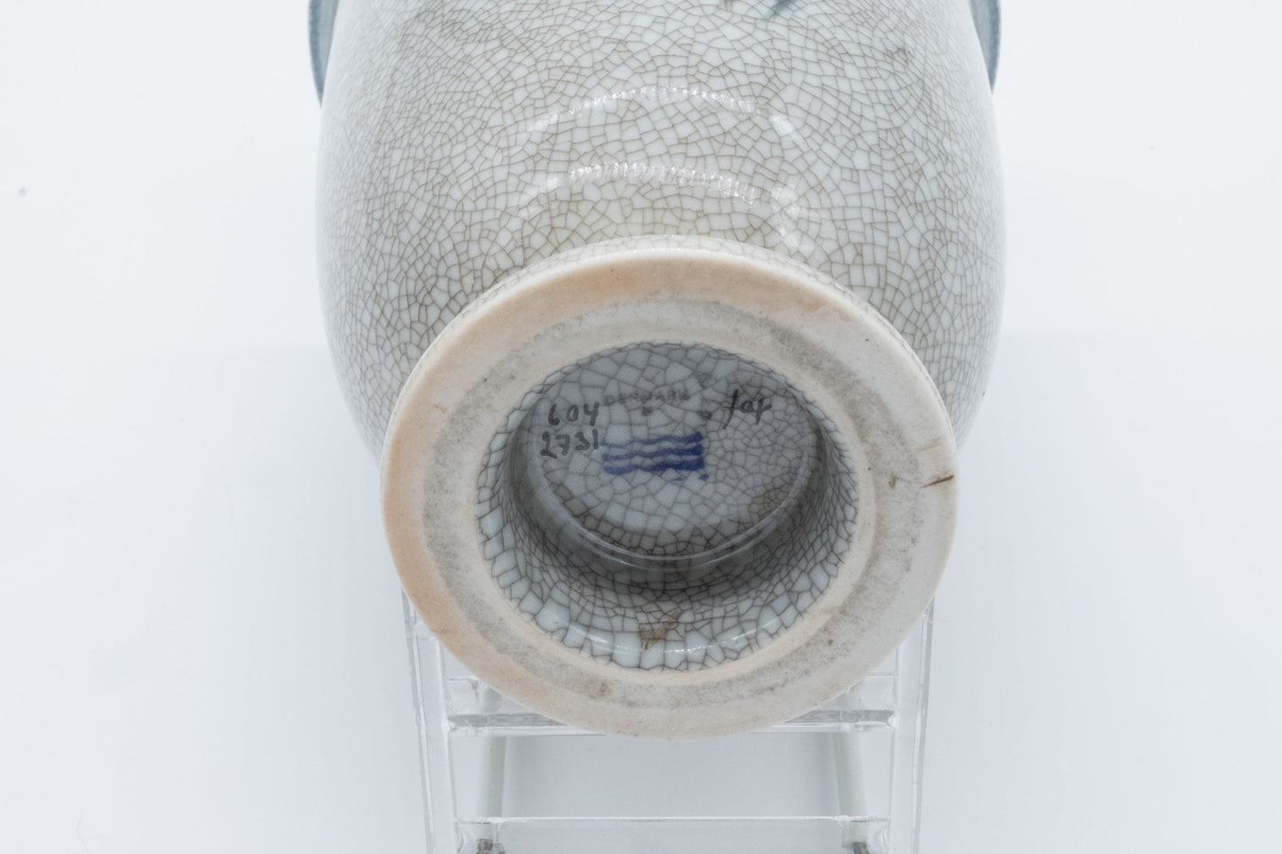 Bottom view of Thorkild Olsen Royal Copenhagen vase showing craquele glaze and maker’s marks on base