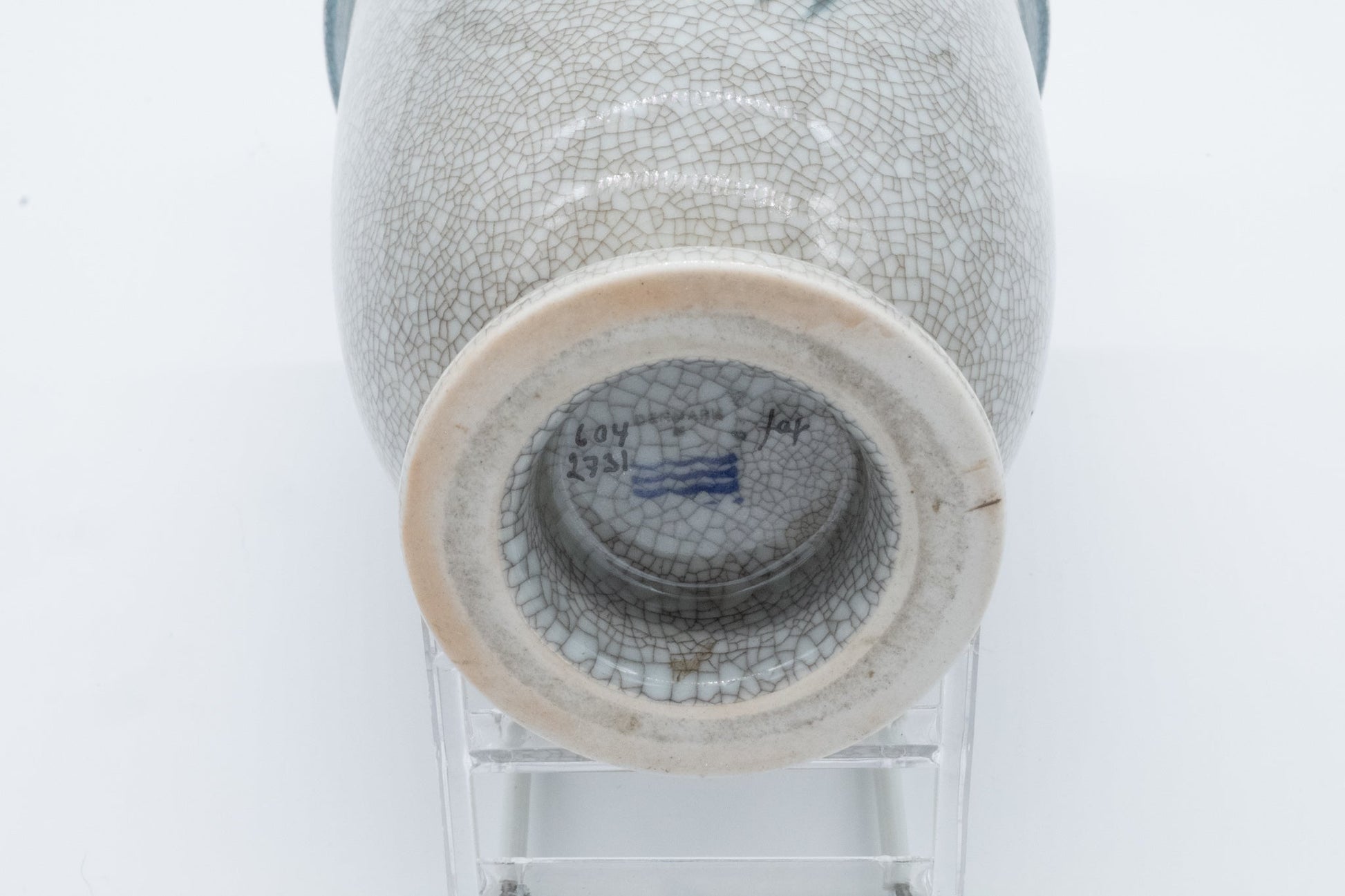 Bottom view of Thorkild Olsen Royal Copenhagen vase showing craquele glaze and maker’s marks on base