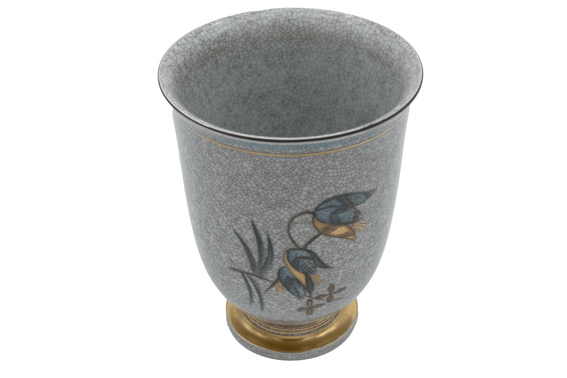 Vintage Royal Copenhagen vase by Thorkild Olsen with craquele glaze and floral and insect motifs on ceramic surface